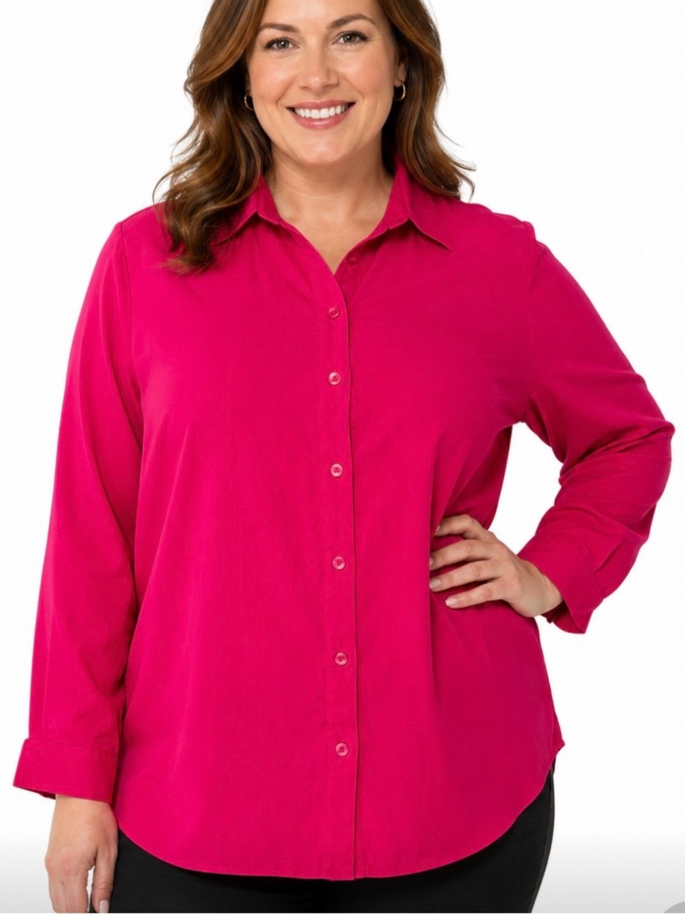 Susan Graver Long Sleeve Button-Down Shirt - Hot Pink size large